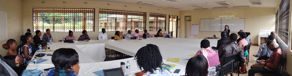 Heather Ross introducing the SolarSPELL Health Library to faculty, staff, students, librarians and administrators at the Lilongwe campus of the Kamuzu University of Health Sciences.  
