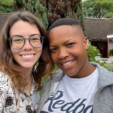 Education Volunteer Kenna and her local counterpart Mohapi smile for a selfie at SolarSPELL's teacher training in Lesotho.