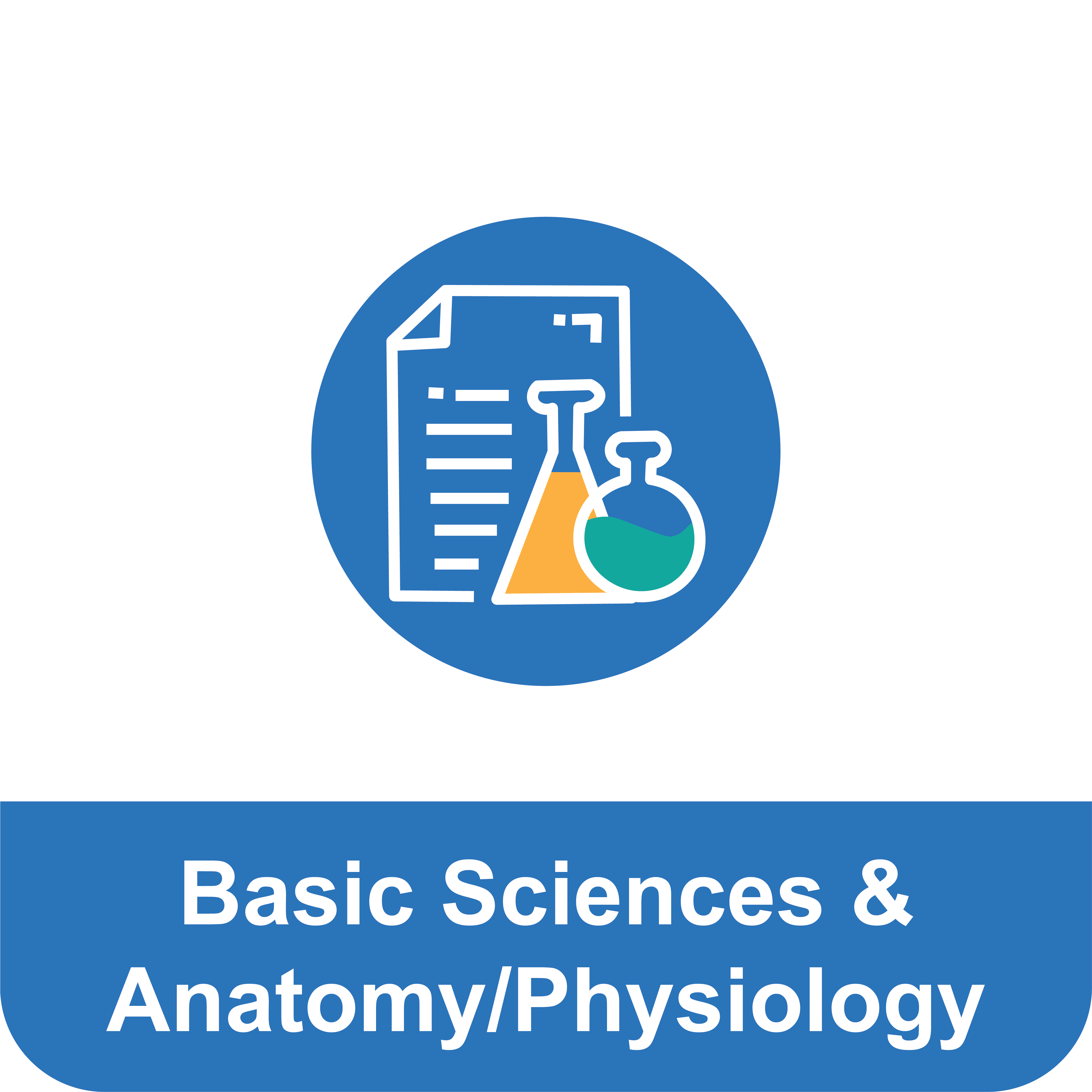 Tile that reads "Basic Sciences & Anatomy/Physiology" under an icon of two beakers of liquid in front of a document.