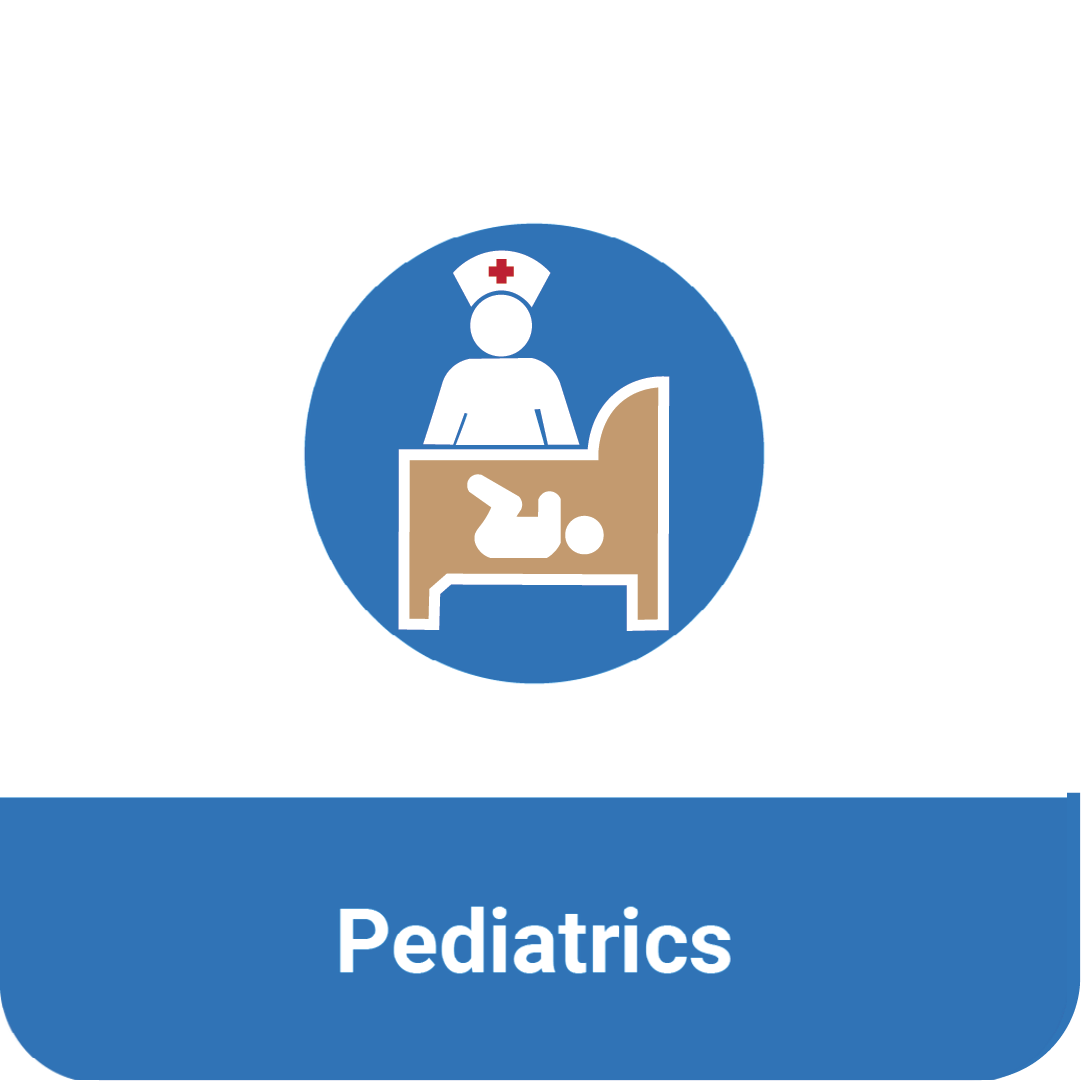 Tile that reads "Pediatrics" under an icon of a nurse standing over a crib.