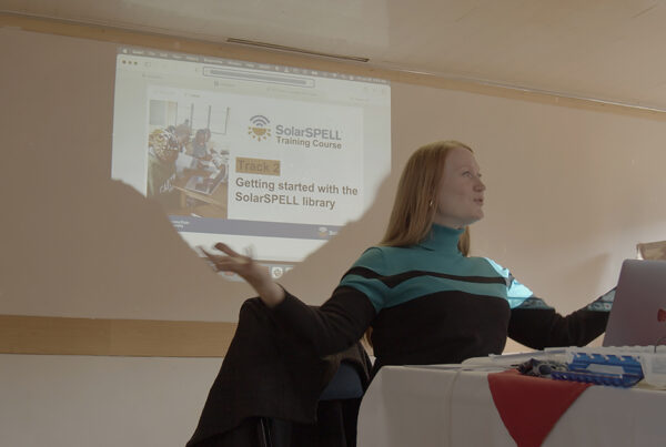 SolarSPELL co-director Dr. Laura Hosman presents the new digital SolarSPELL Training Course at a Peace Corps SolarSPELL workshop in Lesotho.