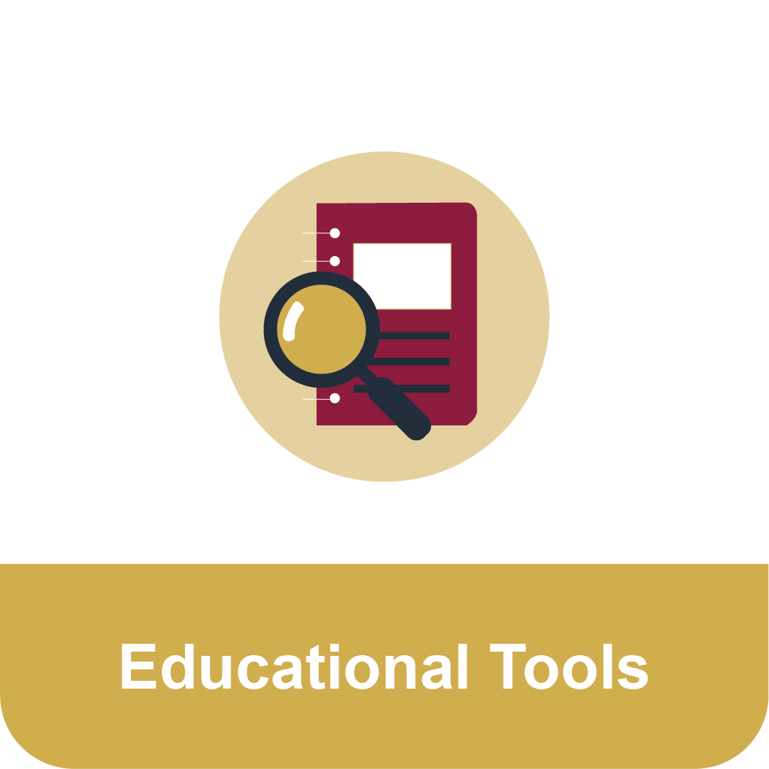 Title that reads "Educational Tools" under an icon of a notebook and magnifying glass.