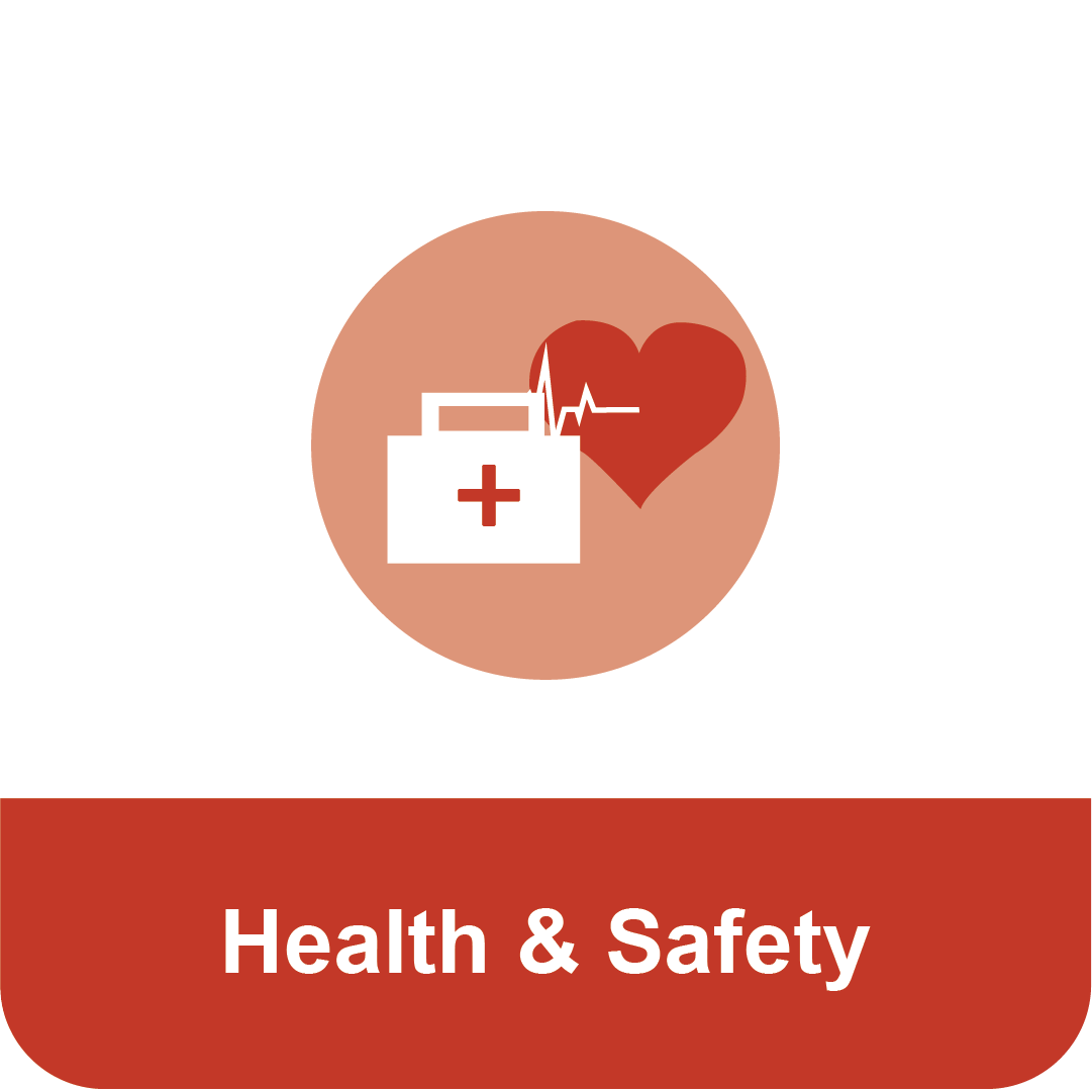 Title that reads "Health & Safety" under an icon of a first aid kit and a heart.