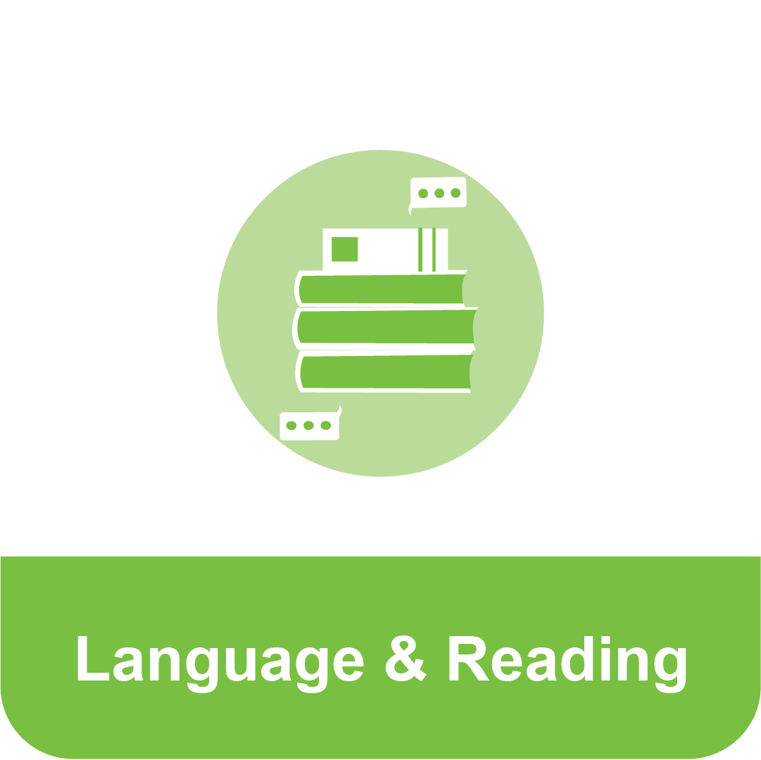 Title that reads "Language & Reading" under an icon of a stack of books and text bubbles.